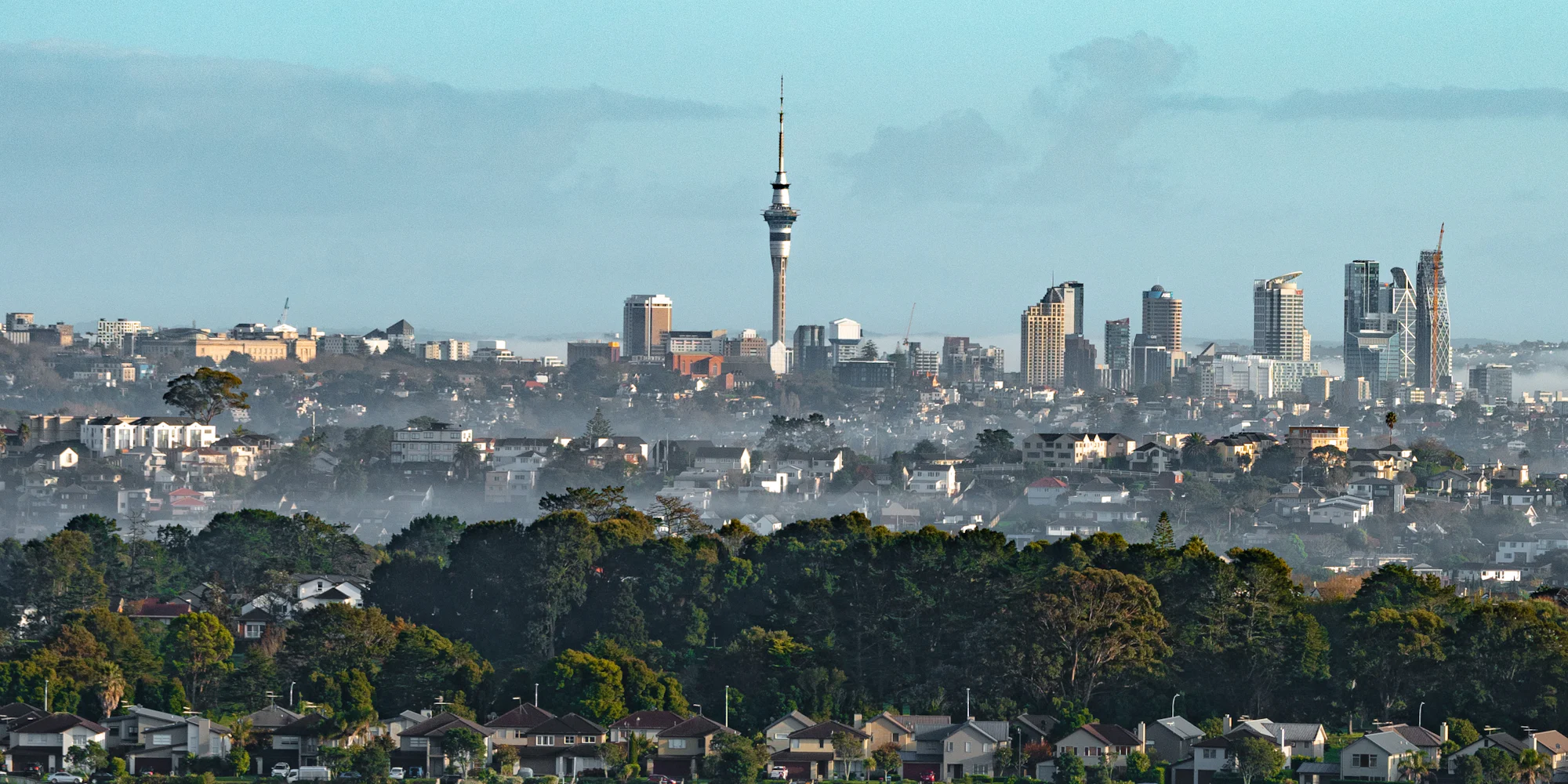 Auckland's skyline and Sky Tower above suburbs and morning mist